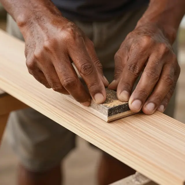 Close-up of a carpenter's hands using a sanding block on the edge of a light wood plank