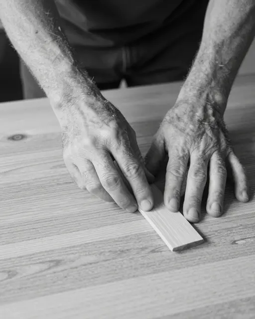 Monochrome close-up of an older carpenter's hands inspecting a small wood piece on a tabletop