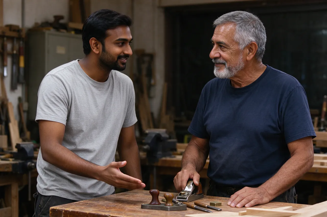 Two men converse amicably across a woodworking workbench in a workshop filled with tools.