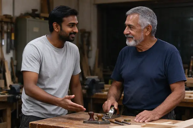 Two men converse amicably across a woodworking workbench in a workshop filled with tools.