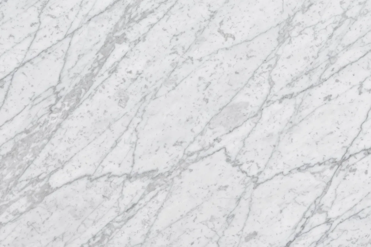 Full frame close-up of cool white Carrara marble with soft gray feathery veining under even flat light