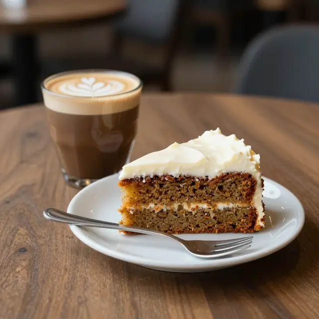 A slice of carrot cake with cream cheese frosting sits on a plate next to a glass latte on a wooden cafe table