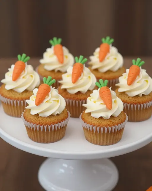 Decorated carrot cake cupcakes topped with marzipan carrots sit on a white cake stand.