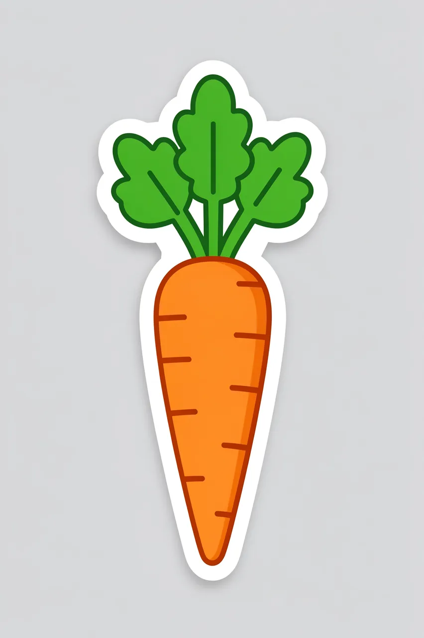 Cute flat die-cut sticker of a carrot with green tops and white border on light gray background