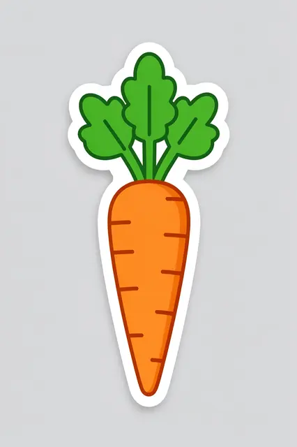 Cute flat die-cut sticker of a carrot with green tops and white border on light gray background