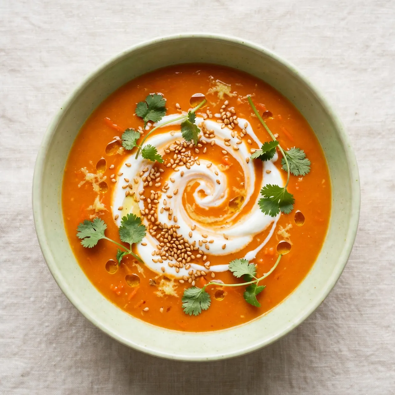 Overhead view of carrot ginger soup topped with yogurt swirl, sesame seeds and cilantro in a pale green bowl on linen
