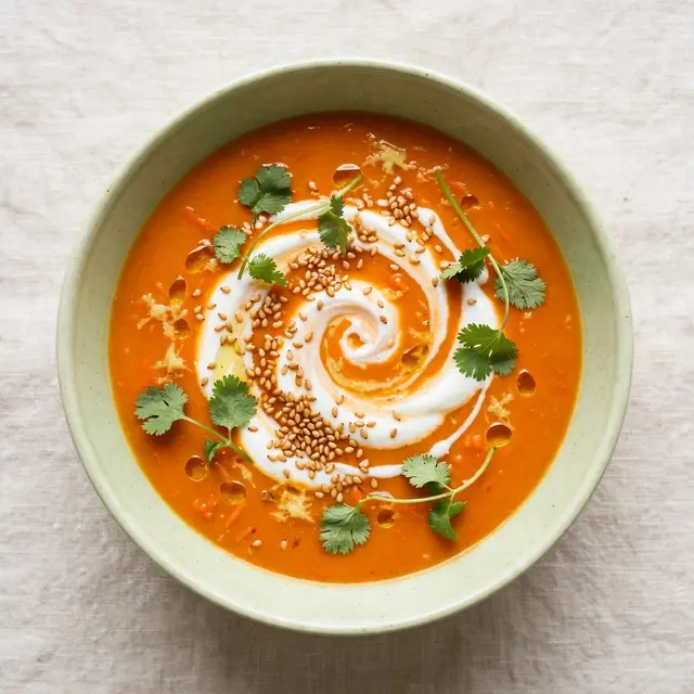 Overhead view of carrot ginger soup topped with yogurt swirl, sesame seeds and cilantro in a pale green bowl on linen