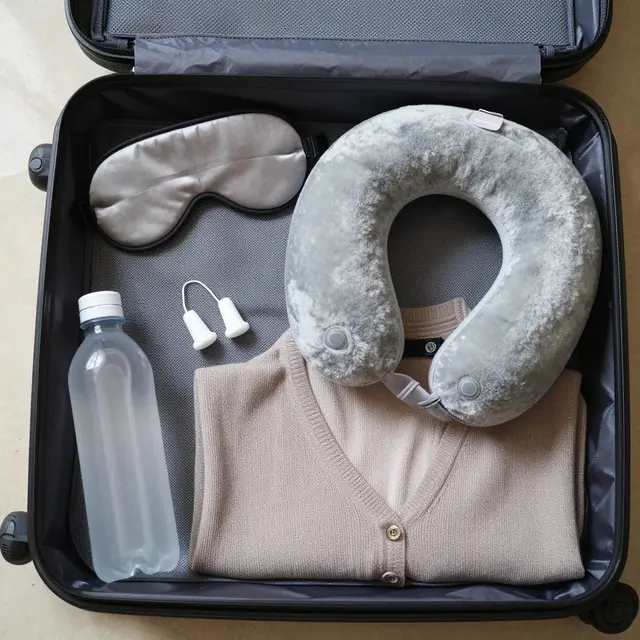 Top down flat lay of travel essentials arranged inside an open hardshell suitcase
