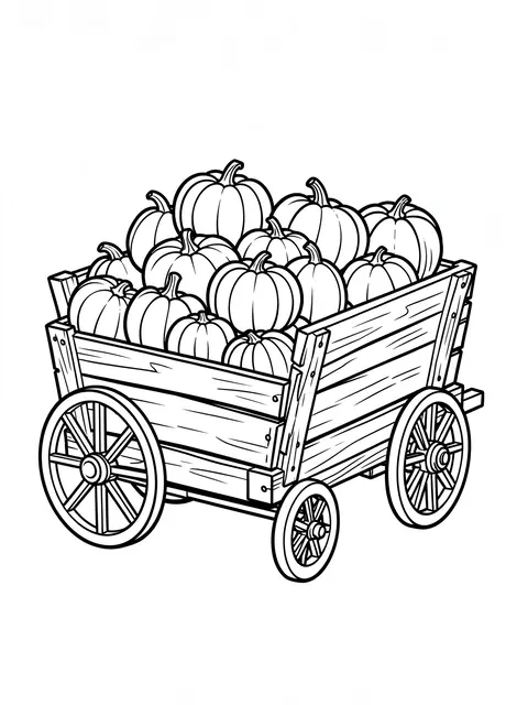Bold black and white line art of a wooden wagon piled high with pumpkins on a plain white background