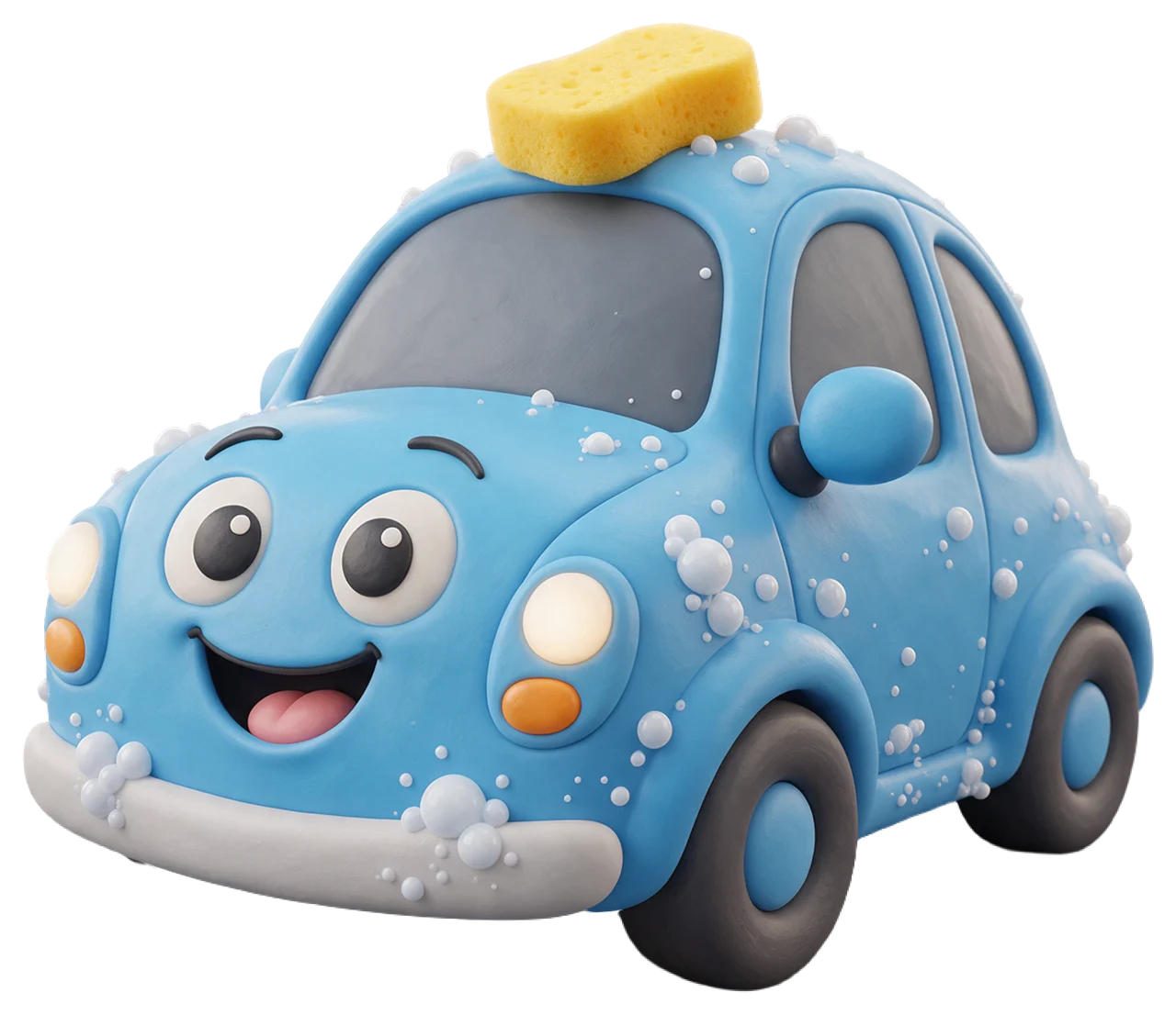 Happy glossy light blue cartoon car covered in soap bubbles with a yellow sponge on its roof