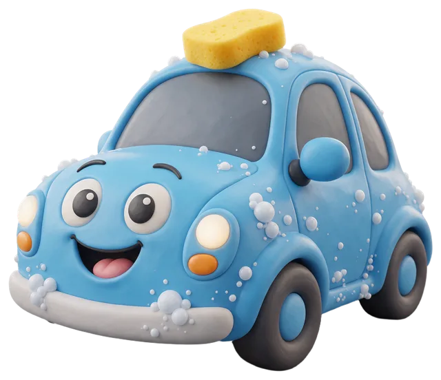 Happy glossy light blue cartoon car covered in soap bubbles with a yellow sponge on its roof