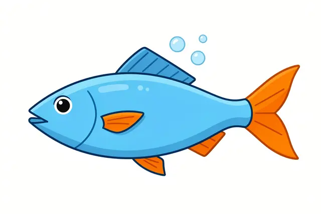 Flat clipart illustration of a sky blue side-view fish with orange fins, tail and floating bubbles, isolated on white