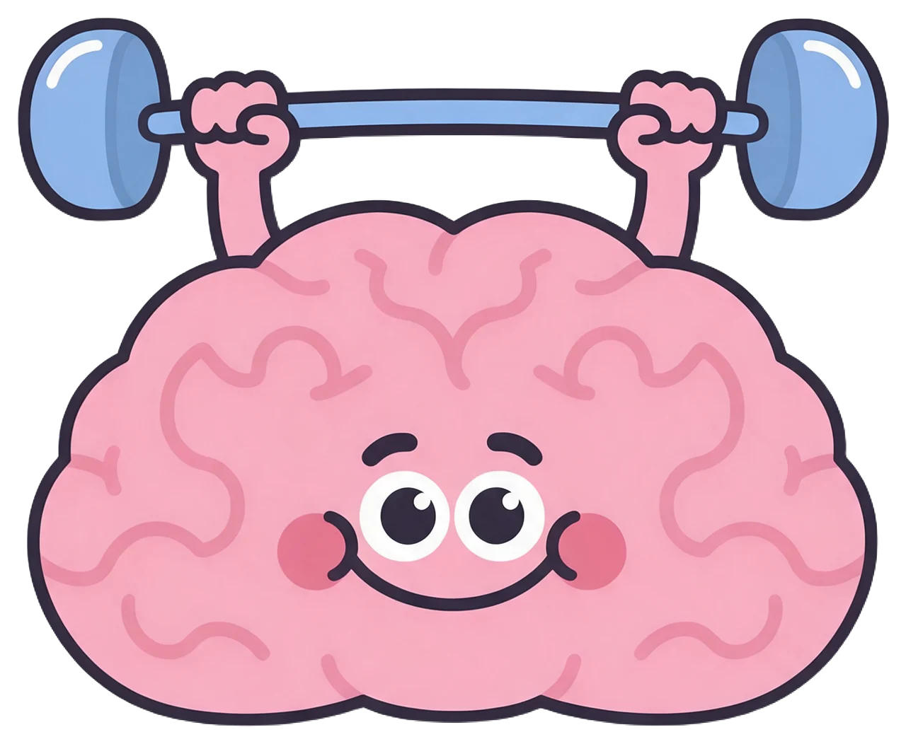 A happy pink cartoon brain with rosy cheeks lifts a blue dumbbell over its head with tiny arms