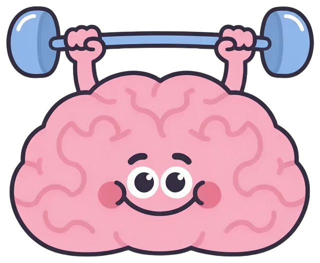 A happy pink cartoon brain with rosy cheeks lifts a blue dumbbell over its head with tiny arms