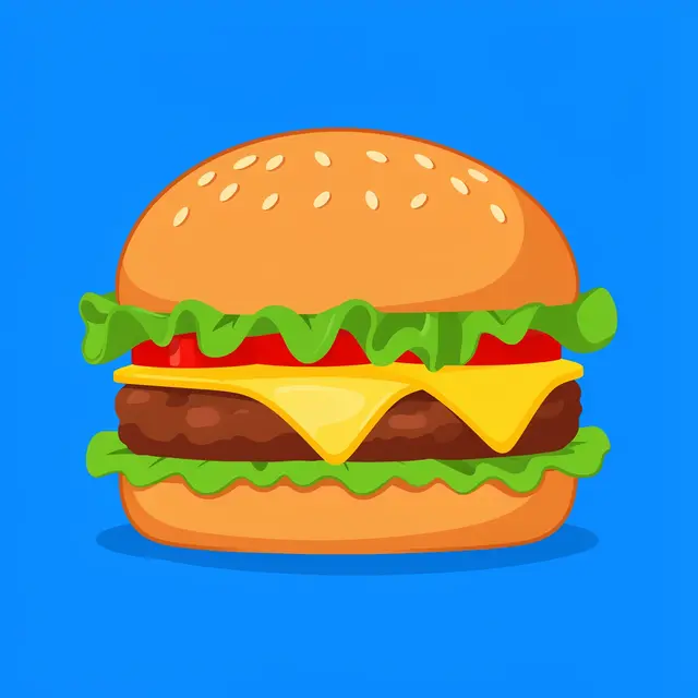 A flat cartoon cheeseburger with sesame seeds, lettuce, cheese and tomato sits on a solid bright blue background