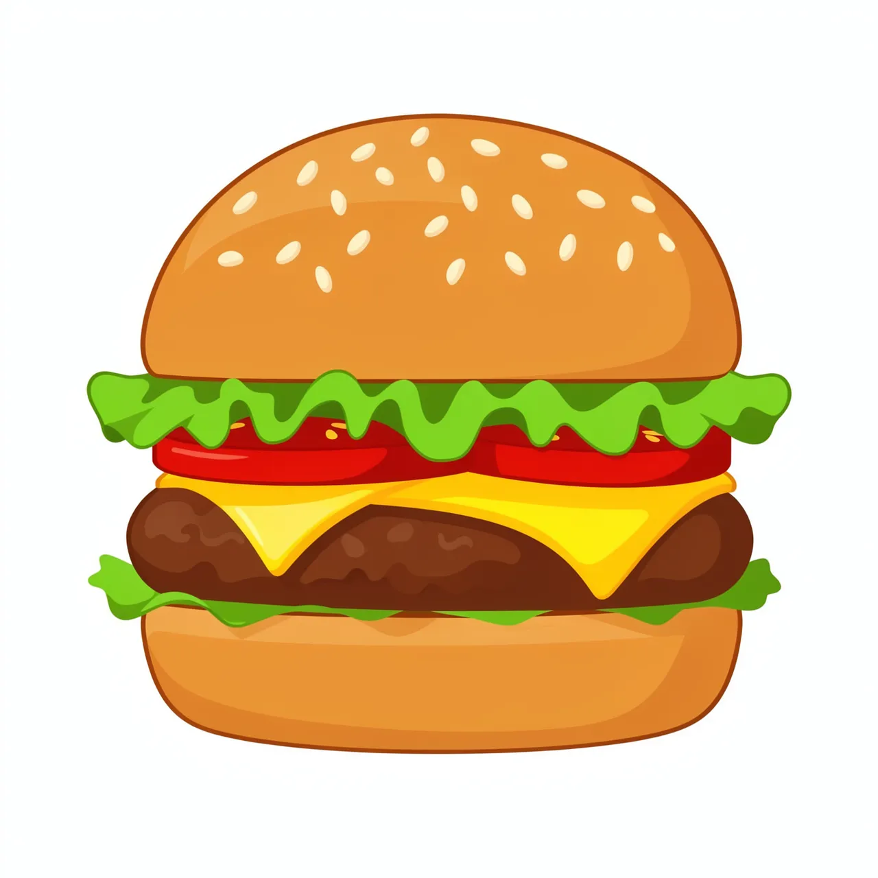 Flat clipart cheeseburger with sesame bun, lettuce, tomato, cheese and patty isolated on a white background