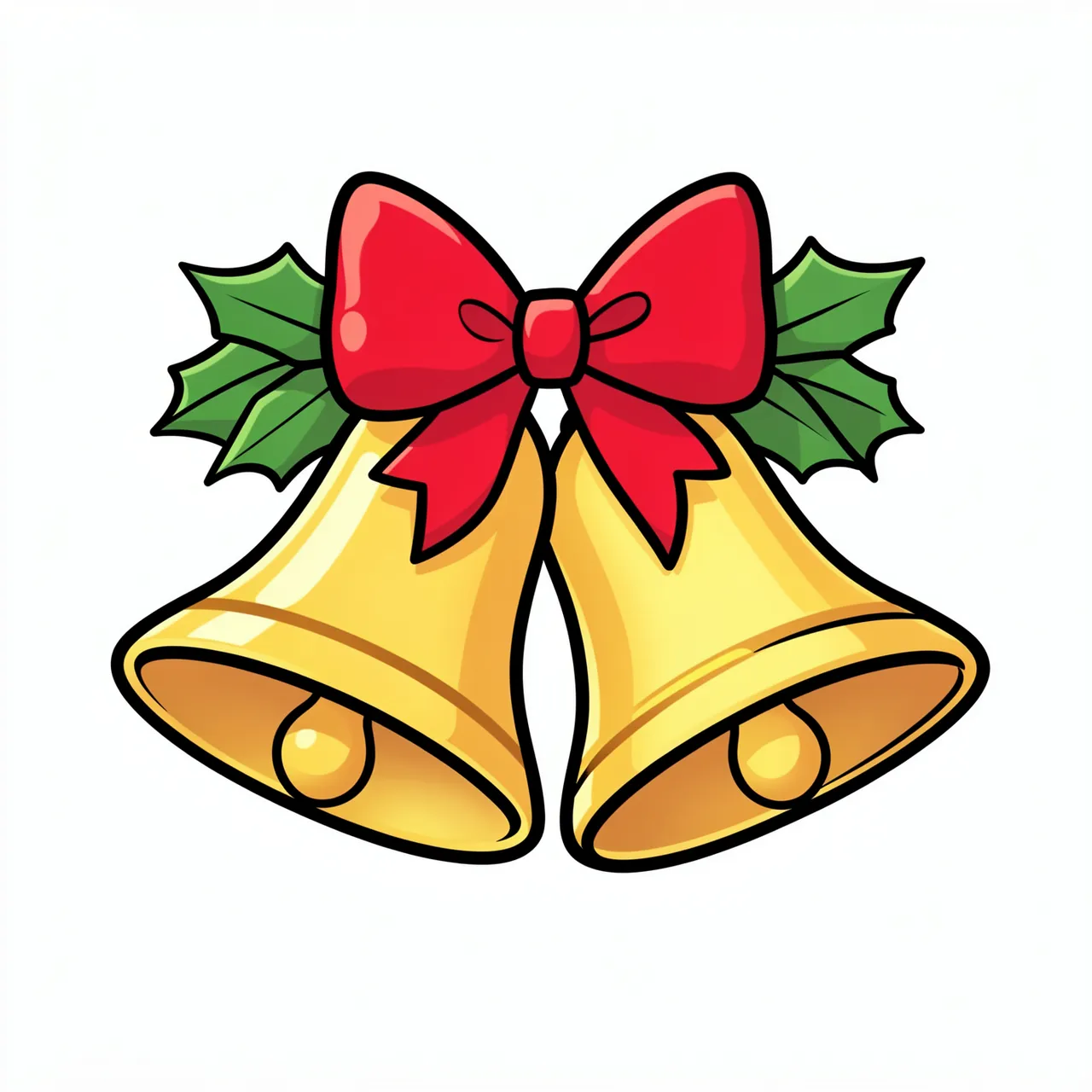Cute cartoon illustration of two golden Christmas bells decorated with holly leaves and a red bow on a white background
