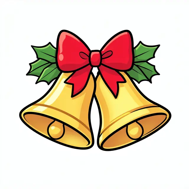 Cute cartoon illustration of two golden Christmas bells decorated with holly leaves and a red bow on a white background