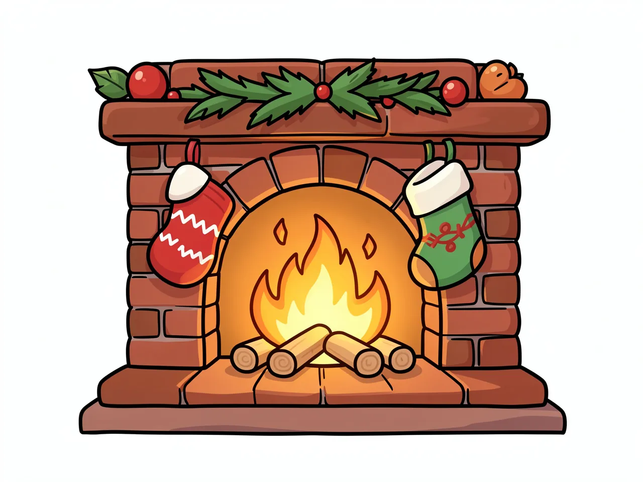 Cute cartoon brick Christmas fireplace with a crackling fire, two hanging stockings, and festive garland on a plain white