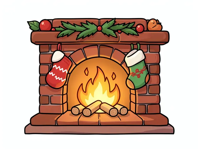 Cute cartoon brick Christmas fireplace with a crackling fire, two hanging stockings, and festive garland on a plain white