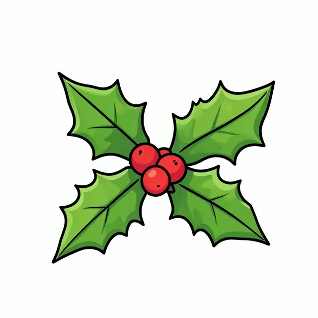 Cute cartoon holly sprig with spiky green leaves and bright red berries on a plain white background