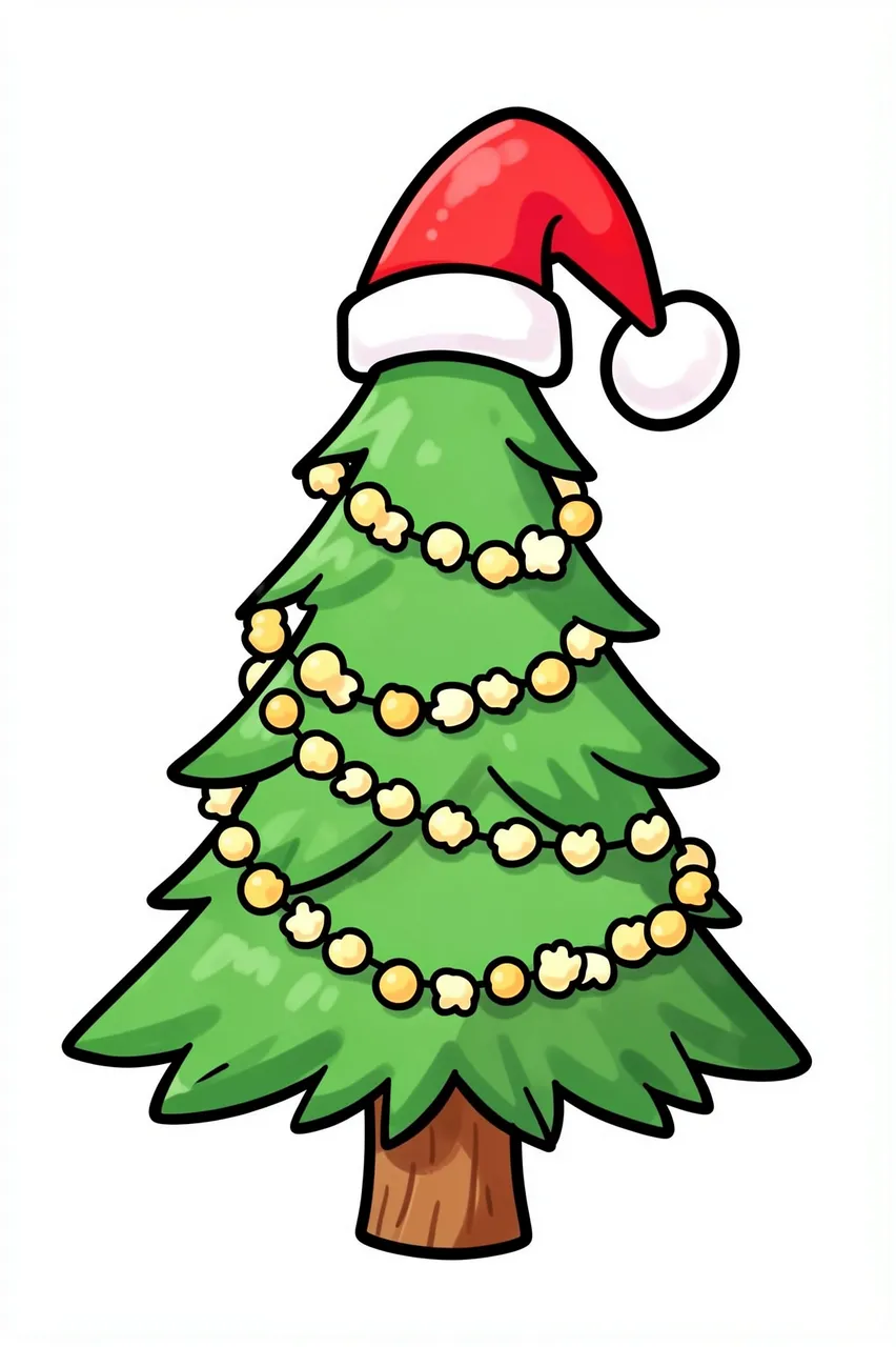 Cute illustrated Christmas tree topped with a floppy Santa hat and strung with popcorn garlands on a plain white background