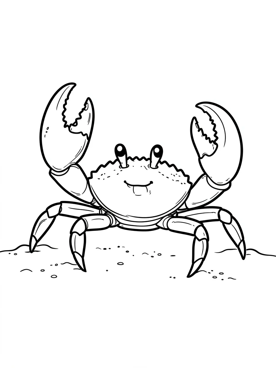 Simple bold black and white line art of a smiling crab with raised claws standing on sand