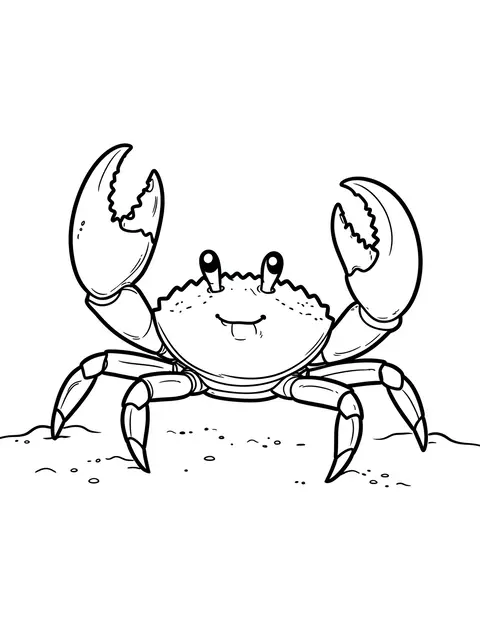 Simple bold black and white line art of a smiling crab with raised claws standing on sand