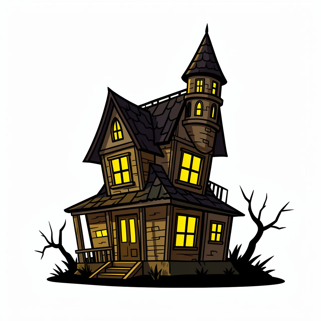 Flat cartoon illustration of a crooked haunted house with glowing yellow windows, a tall turret, and bare spooky trees on a