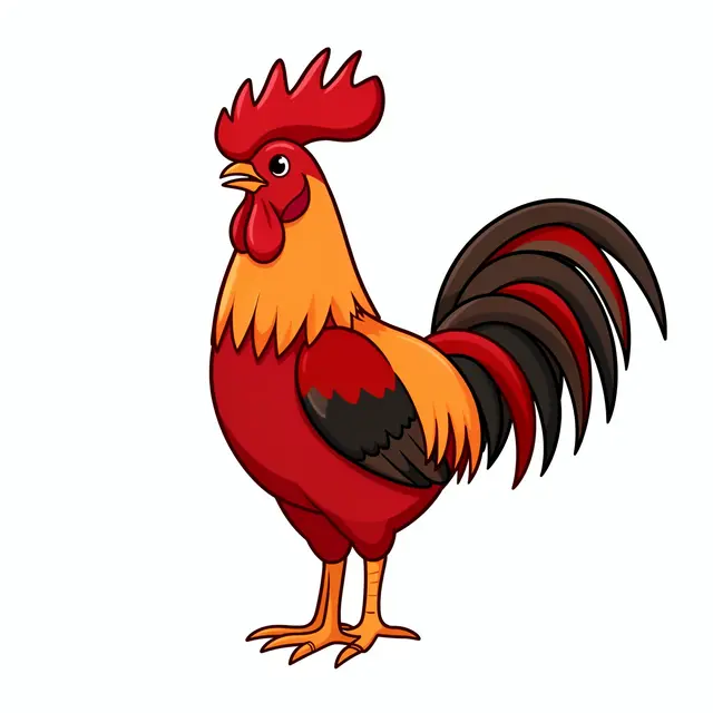 Flat cartoon clipart of a red rooster with a tall comb, standing and crowing on a plain white background.