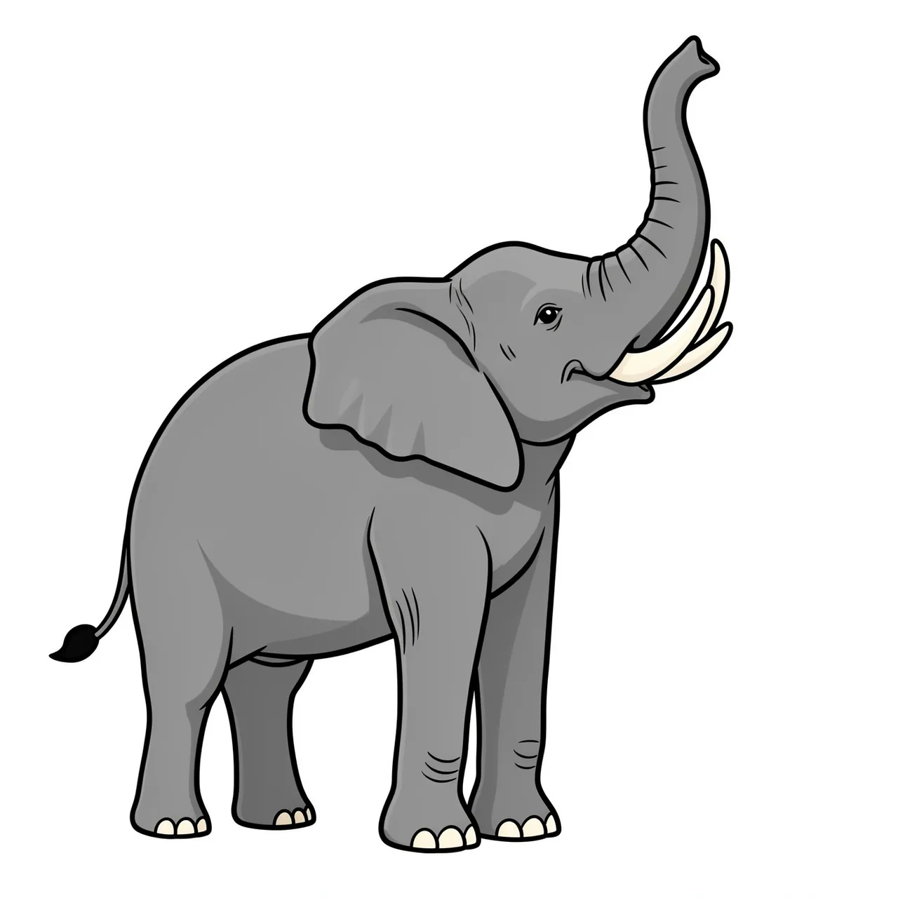 Flat clipart illustration of a grey elephant with its trunk raised high against a plain white background