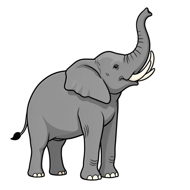 Flat clipart illustration of a grey elephant with its trunk raised high against a plain white background