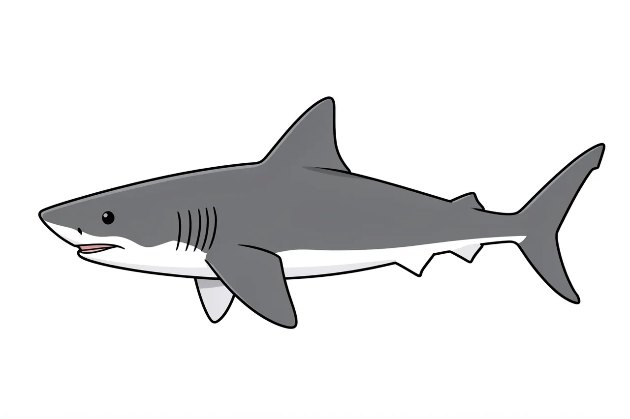 Flat side view clipart illustration of a grey shark with a white belly on an isolated white background