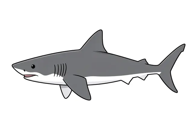 Flat side view clipart illustration of a grey shark with a white belly on an isolated white background