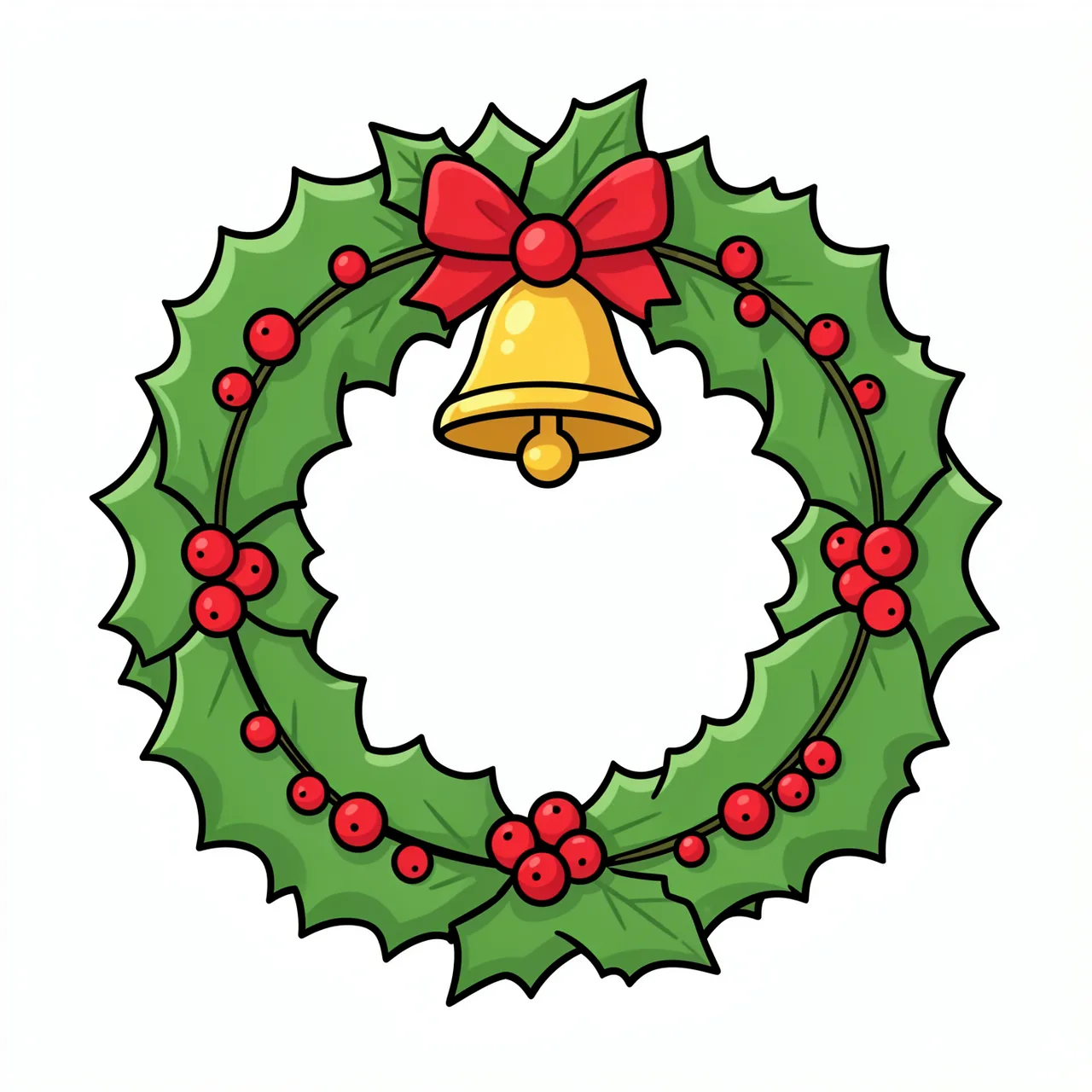 Cute bold-outlined cartoon holly wreath with red berries, gold bell and red bow on a plain white background
