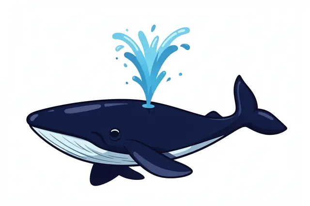 A flat cartoon illustration of a dark blue whale spouting a water fountain isolated on a plain white background
