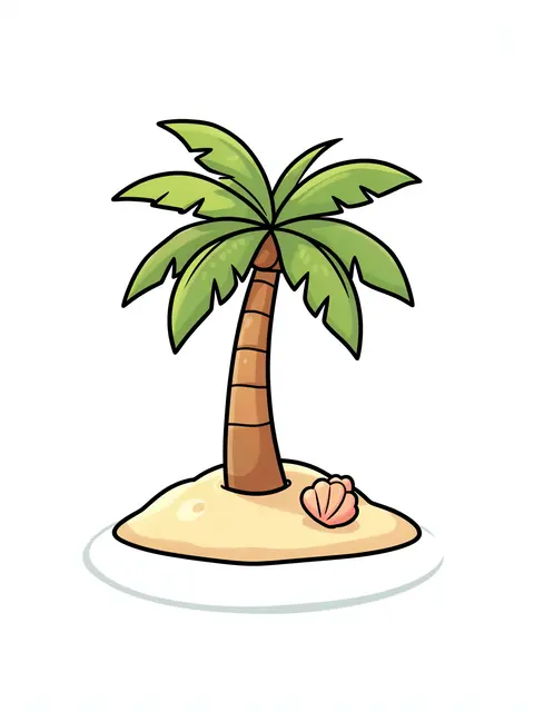 A cute cartoon palm tree grows on a tiny sand island with a pink seashell, set against a plain white background