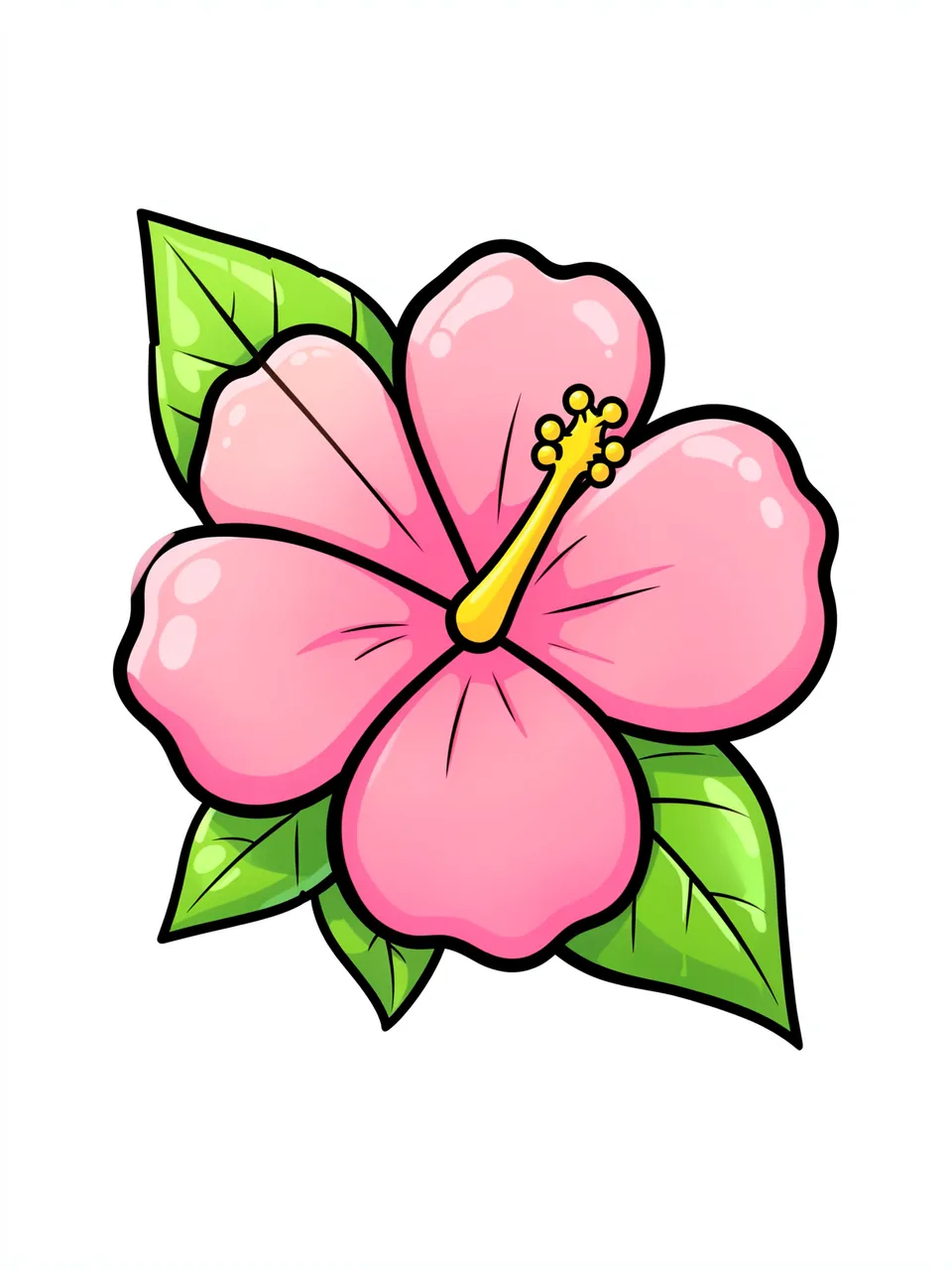 Cute cartoon illustration of a pink hibiscus with yellow stamen and green glossy leaves on a plain white background