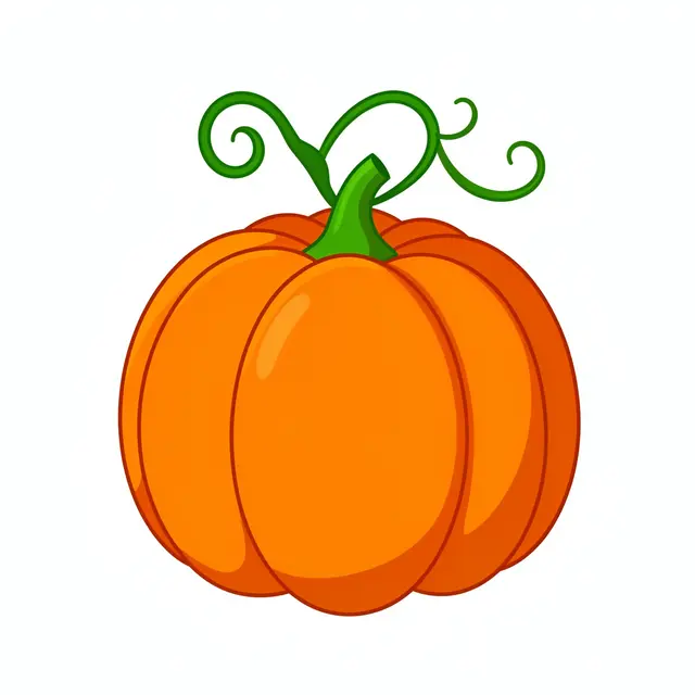 Flat cartoon illustration of an orange round pumpkin with curly green vine, isolated on a plain white background
