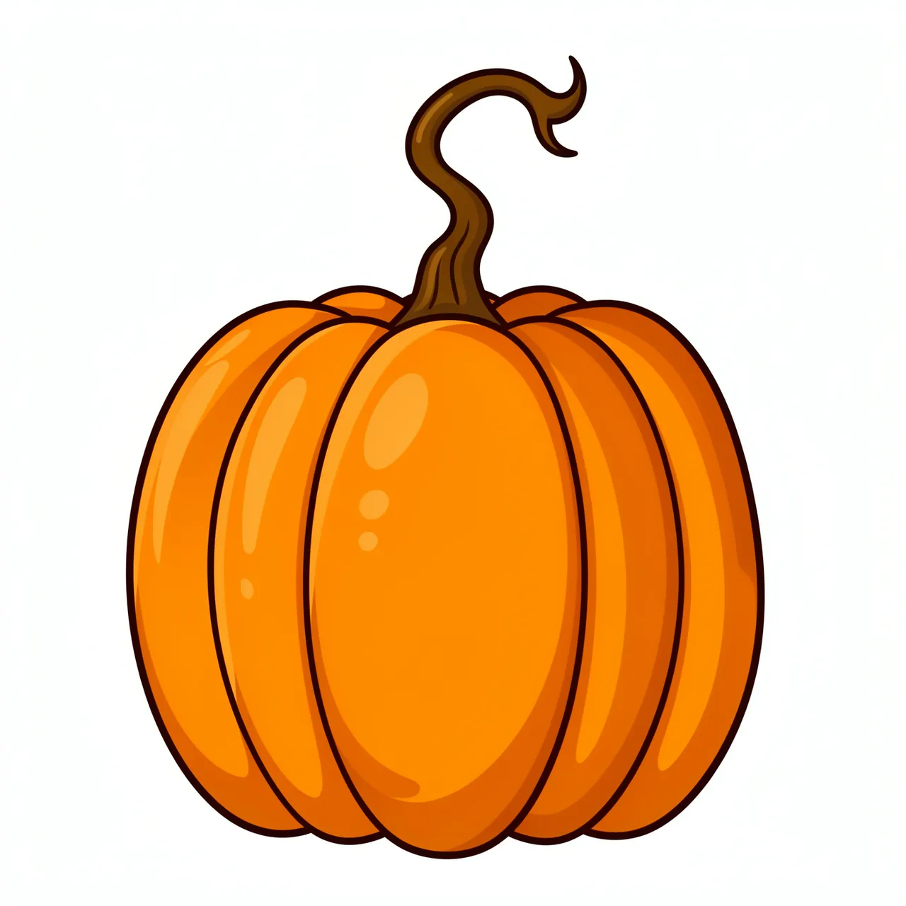 A flat cartoon clipart illustration of a ribbed orange pumpkin with a twisted brown stem on a plain white background