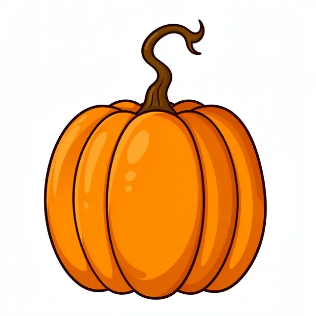 A flat cartoon clipart illustration of a ribbed orange pumpkin with a twisted brown stem on a plain white background