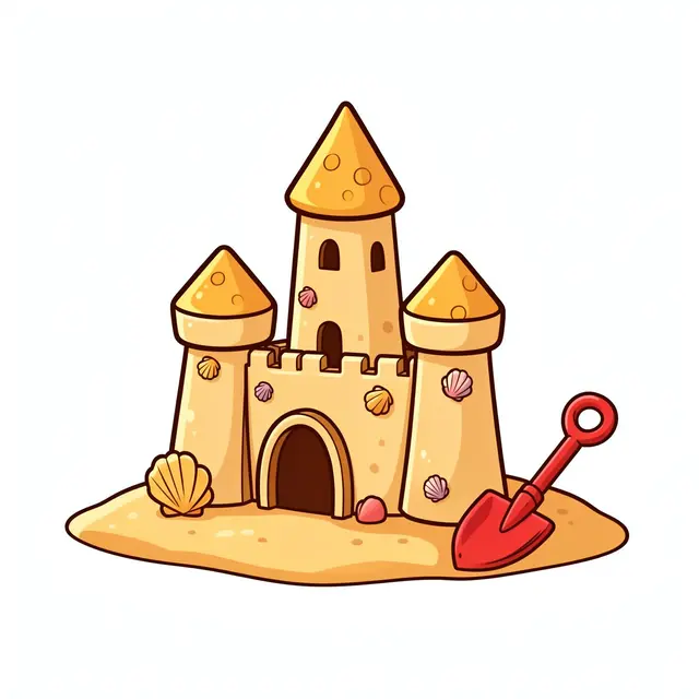Cute cartoon sandcastle decorated with seashells sits beside a small red toy spade on an isolated white background