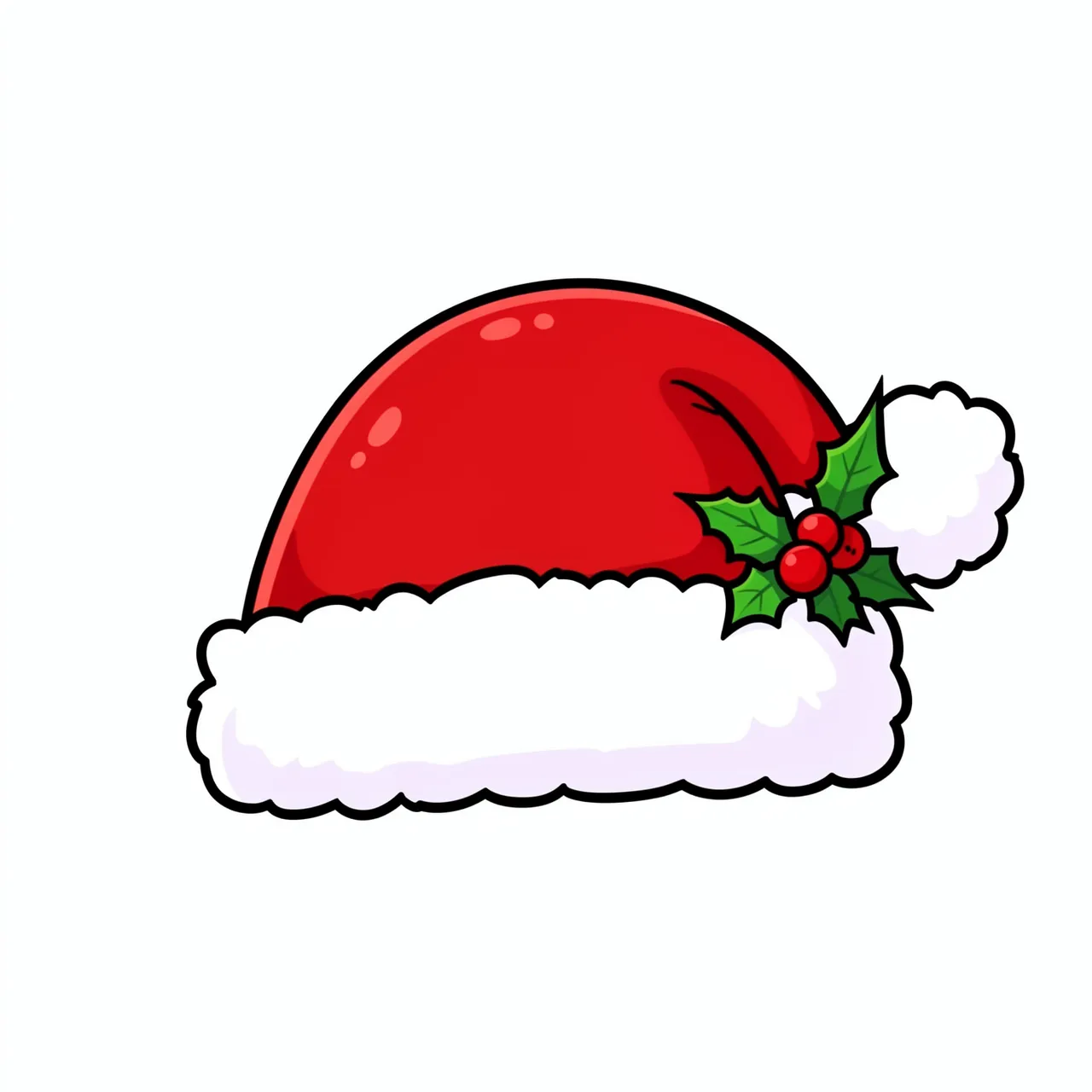 A cute cartoon floppy Santa hat with fluffy white trim and holly sprig sits isolated on a plain white background