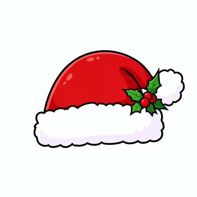 A cute cartoon floppy Santa hat with fluffy white trim and holly sprig sits isolated on a plain white background