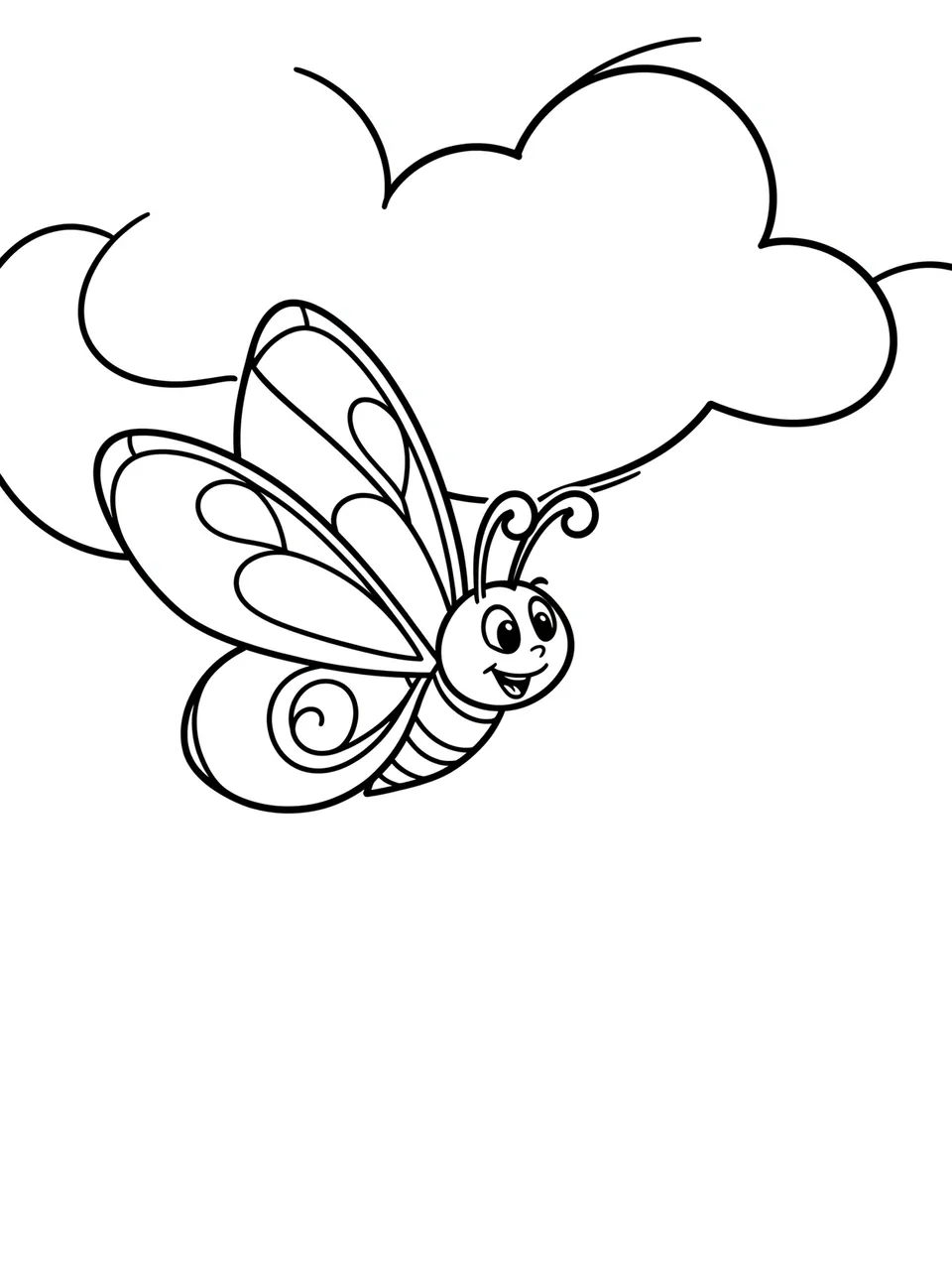 Black and white line art of a smiling cartoon butterfly flying near a fluffy cloud on a plain white background