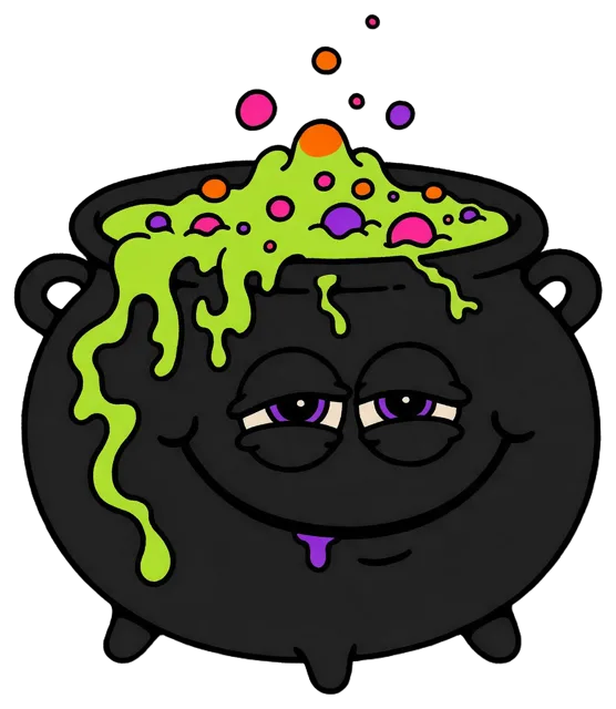 A cartoon black cauldron with sleepy eyes holds bubbling lime green brew dotted with colorful bubbles