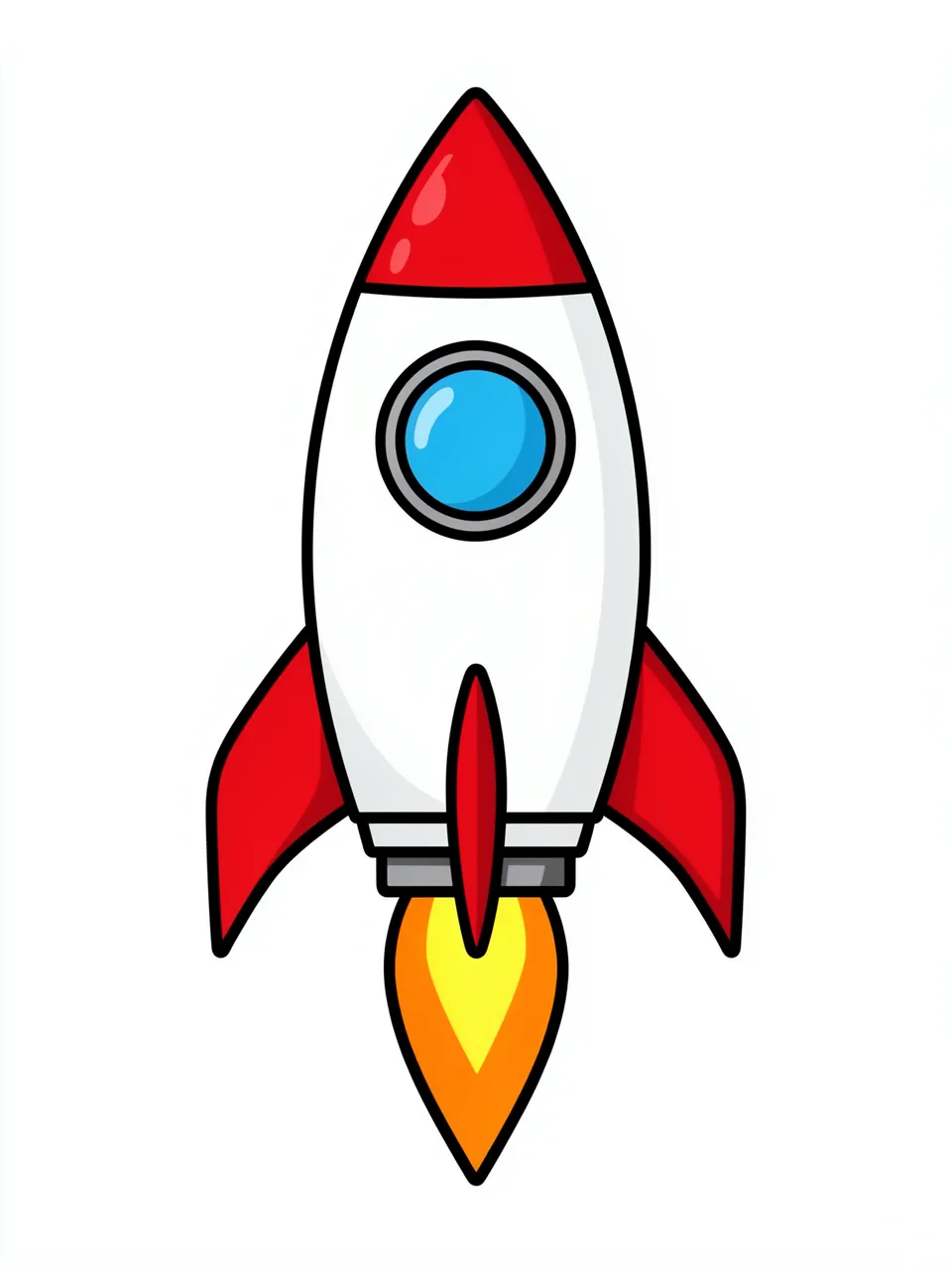 A flat cartoon clipart of a red and white rocket with a blue window and orange flame, isolated on a plain white background