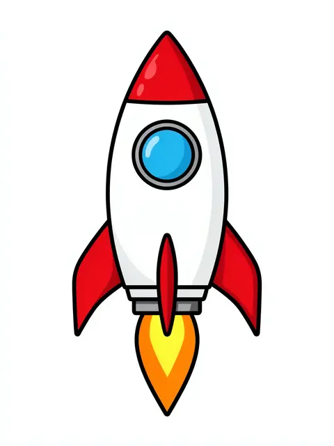 A flat cartoon clipart of a red and white rocket with a blue window and orange flame, isolated on a plain white background