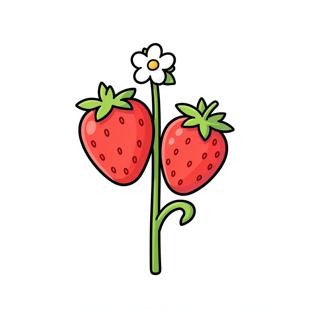 Cute cartoon illustration of two strawberries attached to one green stem with a small white flower on a plain white