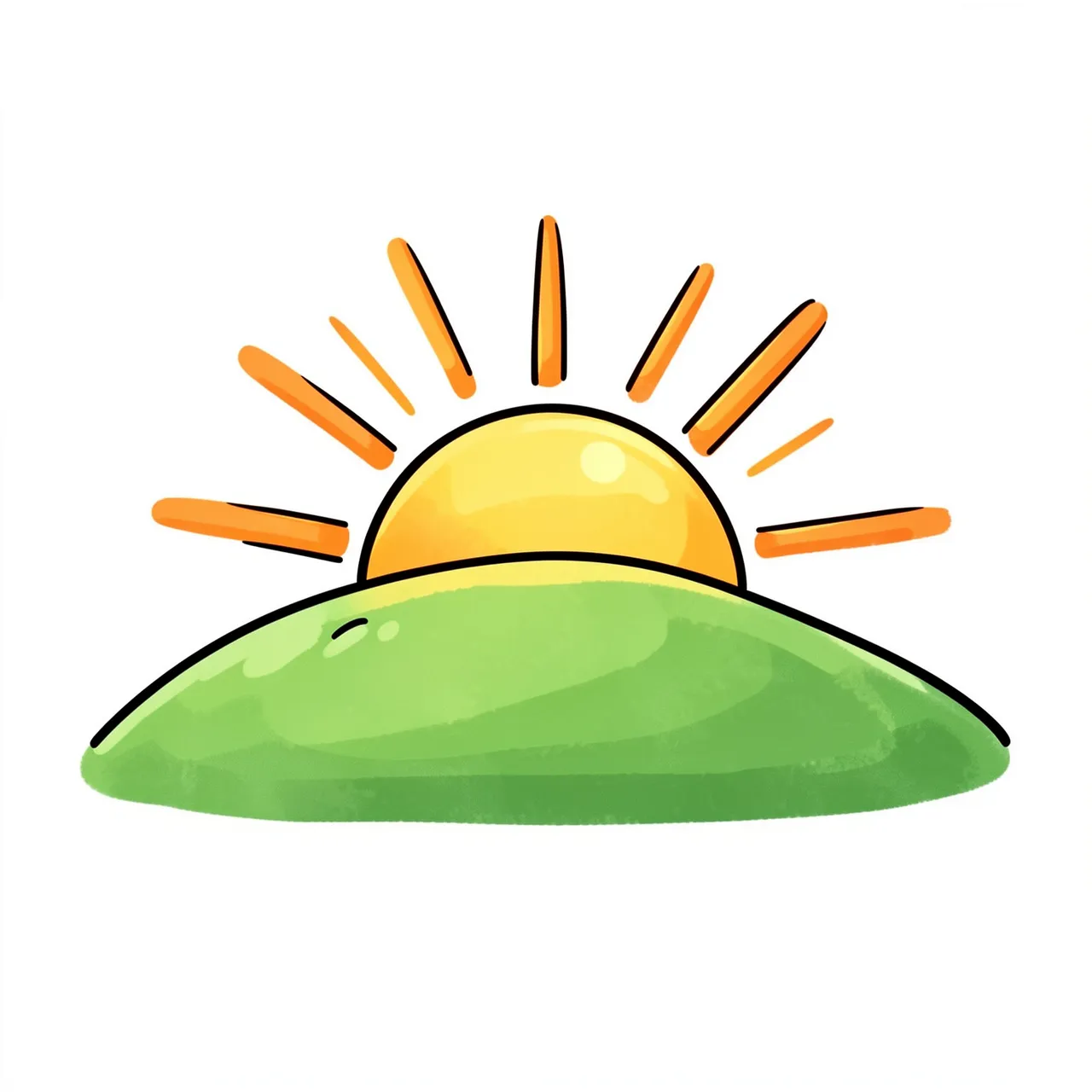 A cute hand-drawn rising sun peeks over a rounded green hill against a plain white background
